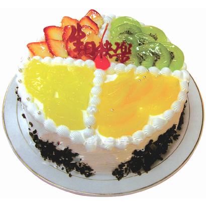 什锦水果蛋糕:圆形鲜奶水果蛋糕，奶油十字交叉，双色水果，双色果浆装饰，外围巧克力屑点缀