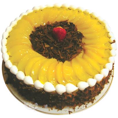 冬日暖阳:圆形水果蛋糕，中间和外围巧克力屑装饰，水果，奶油围边。