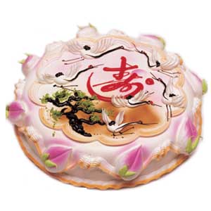 无糖蛋糕A:无糖蛋糕、祝寿蛋糕：周边装饰一圈寿桃图案，中间有“寿”字、松鹤和松树图案