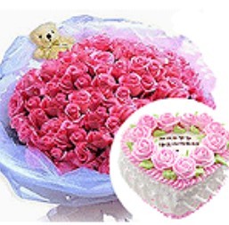 甜甜的祝福:66枝粉色玫瑰，可爱小熊一只，心形鲜奶蛋糕（规格可选）。