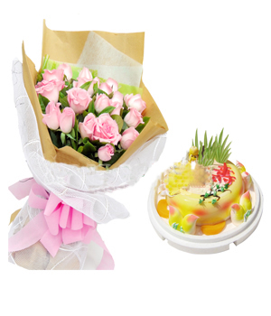 爱情的味道:21枝粉玫瑰，搭配绿叶+精美水果蛋糕(规格可选)