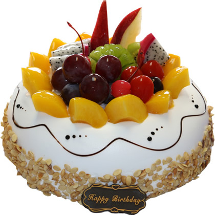 爱的承诺:水果蛋糕，中间夹心水果，表面再用巧克力及水果装饰。
