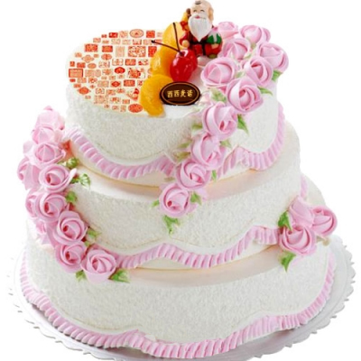 寿诞快乐:祝寿蛋糕，中间水果夹心，表面寿星玫瑰花装饰！