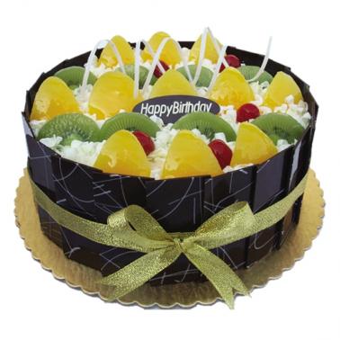 团结友爱:圆形水果蛋糕，时令水果装饰，巧克力片围边
