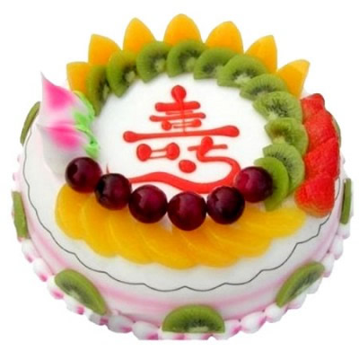 水果蛋糕/身体健康:水果祝寿蛋糕，中间夹心水果，表面水果，寿字装饰,蛋糕可写祝福语！