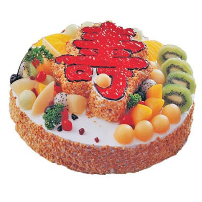双层祝寿蛋糕/寿福连连:双层祝寿水果蛋糕，中间夹心一层水果，表面立体寿字蛋糕