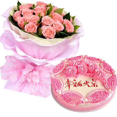 守望幸福:19枝粉玫瑰，绿叶适量搭配！加圆形鲜奶蛋糕，蛋糕尺寸可选择！