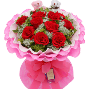 11枝红玫瑰鲜花+2只卡通小熊(依店内实物为准)