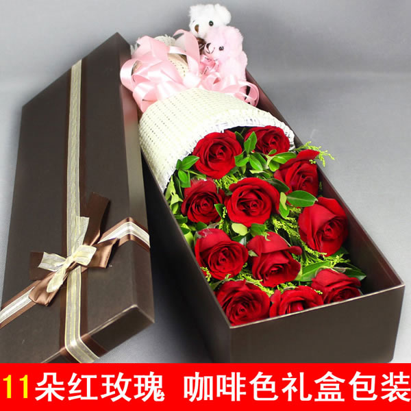 11朵红玫瑰 +2小熊，适量配花点缀