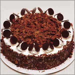 黑森林诱惑:巧克力蛋糕：黑巧克力屑围边，鲜奶造型点缀，巧克力片装饰